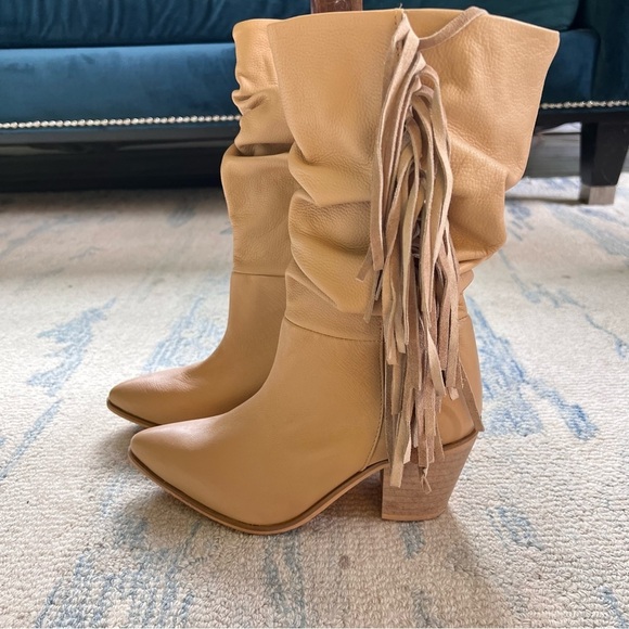 MATISSE BRIN FRINGE MID-CALF WESTERN LEATHER BOOTS SNIP TOE SLOUCHY SIZE 8 TAN - Picture 2 of 9